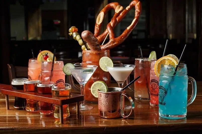 Image Of A Variety Of Drinks And Pretzels On A Wooden Table
